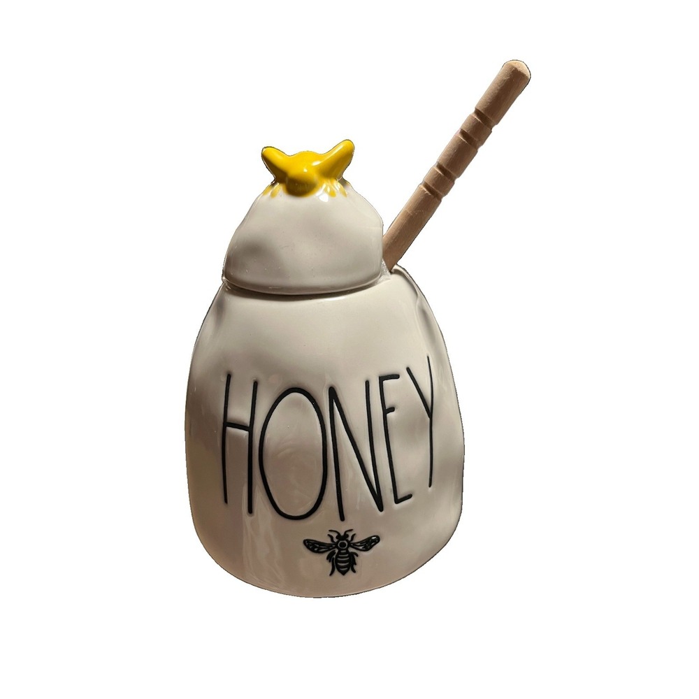RAE DUNN Ceramic HONEY Pot Jar Wooden Honey Dipper Yellow Bee Lid 3 Piece 4.75"